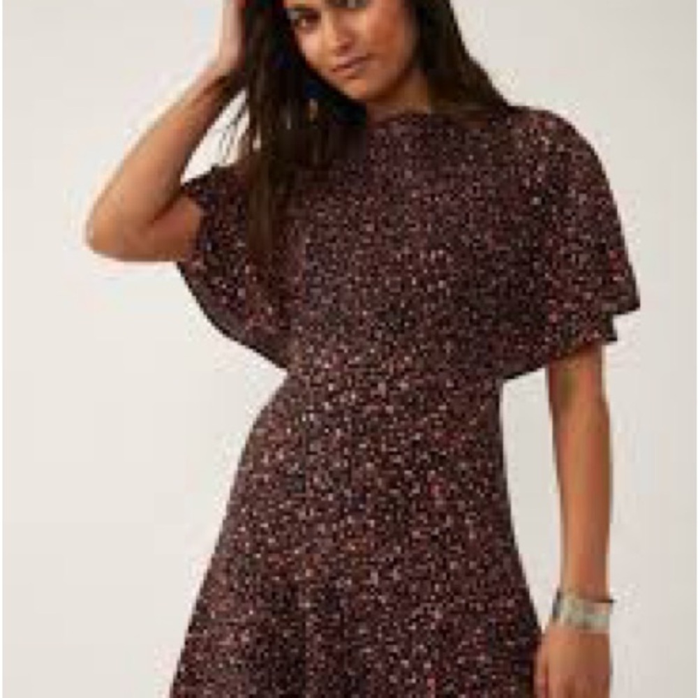 Free People Red Floral Mini Dress Size S Mock Neck Flutter Sleeve Open Back Boho